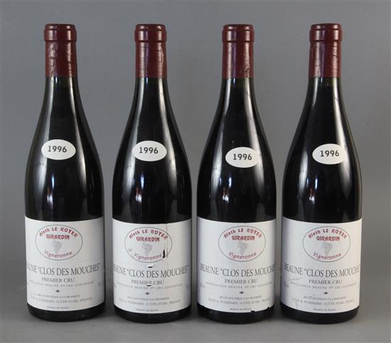 Four bottles of Beaune Clos Des Mouches, 1996 (Aleth Le Royer)
